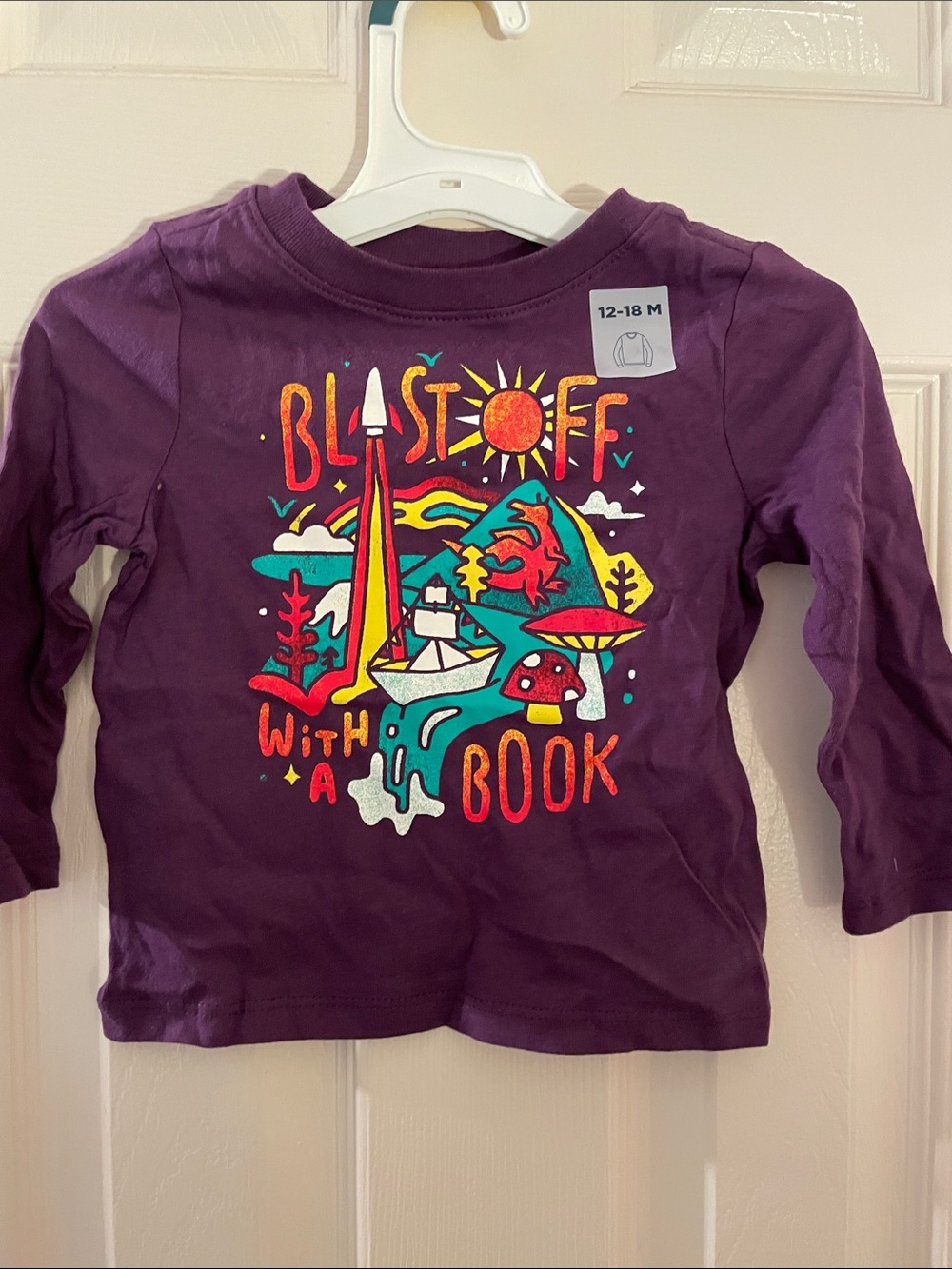 Long-Sleeve Graphic Tee - Purple "Blast Off With A Book" 12/18mon Old Navy NWT